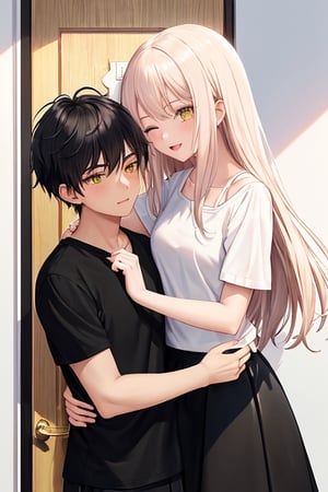 Masterpiece. Masterpiece.
A man holding a woman.
(A 20-year-old man with short black hair wearing a white shirt top).
(A 20-year-old woman with long yellow hair, eyes tightly closed, wearing a white short-sleeved blouse black skirt).
Background in front of a hotel lobby door.
