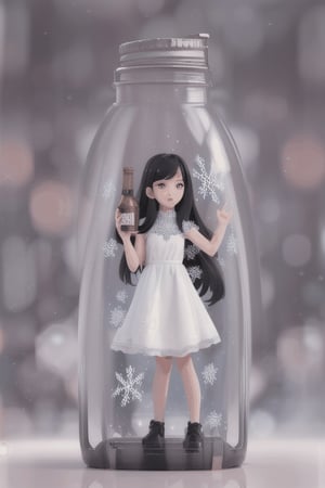 (Masterpiece, Superior） 
(Masterpiece, Superior, Superb, Official Art, Beautiful :1.2), A young girl, long black hair , white dress,em (typography),
(container, bottle), snowflake background ,
,SGBB
<em><u>phgls, in container,bottle,3dcharacter

