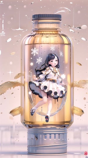 (Masterpiece, Superior） 
(Masterpiece, Superior, Superb, Official Art, Beautiful :1.2), A young girl, long black hair , white dress,em (typography),
(container, bottle), snowflake background ,
,SGBB
<em><u>phgls,3dcharacter