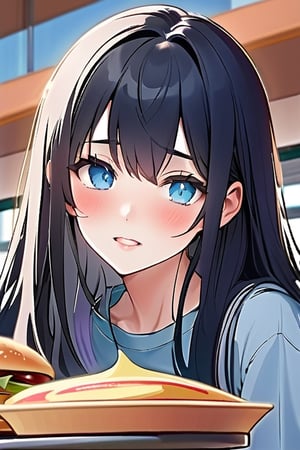 （A 20-year-old female with long black hair and big blue eyes.)
and (a 29 year old male, short black hair, black eyes) two people eating face to face in the
background school cafeteria.
