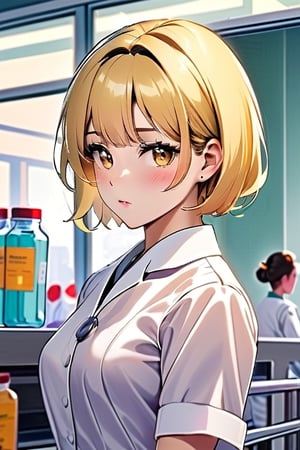 A 20 year old woman with short yellow hair and brown eyes wearing a nurse's uniform and pushing a medicine cart.
Hospital ward in the background