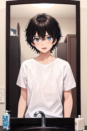 Masterpieces, masterpieces.
A 20 year old male with short black hair wearing a white shirt top stands in front of the sink mirror and
with a surprised look on his face.
upper body.