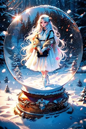 A 20-year-old woman with long white hair was wearing a white dress.,glitter,shine eyes01,Snow Globe