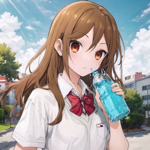 A girl of about 18 years old.
Long white hair.
Big eyes.
Wearing a school uniform.
with a mineral water in her hand.,Hori