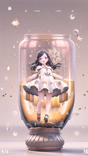 (Masterpiece, Superior） 
(Masterpiece, Superior, Superb, Official Art, Beautiful :1.2), A young girl, long black hair , white dress,em (typography),
(container, bottle), center stage, snowflake background ,
,SGBB
<em><u>phgls,3dcharacter