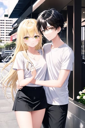 Masterpiece, masterpiece.
A 20 year old male with short black hair wearing a white shirt top carrying a 20 year old female with long yellow hair wearing a white short sleeve top with a black skirt.
In front of the hotel lobby in the background The,hug
