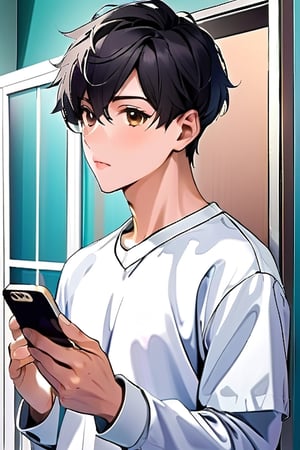A 20-year-old man with short black hair, brown eyes, wearing casual sportswear, and holding a cell phone
Background hospital ward