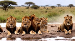 extreme real Epic  scene Panoramic Serengeti with clouse up wiev pac of lions near the stream,Nature,Landscapehdr, , seepras and gassels backround, raytraycing ,Develop a 4K Ultra Photo Realistic Cinematic Quality video real Epic scene Panoramic , hdr, , raytraycing The sun is high in the background, ,long,no_humans,modelshoot style,Beautiful Beach