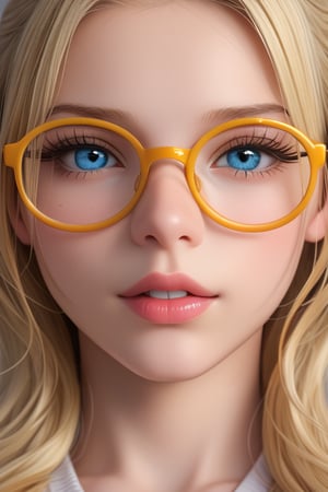 female, solo, feral, glasses, hair, teeth, blue_eyes, looking_at_viewer, mammal, blonde_hair, hi_res, eyelashes, eyewear, headshot_portrait, digital_media_(artwork), 3d_(artwork), 1girl, looking at viewer, round eyewear, realistic, lips, portrait, blue eyes, parted lips, close-up, signature, yellow-framed eyewear, grey background, artist name, nose, blonde hair