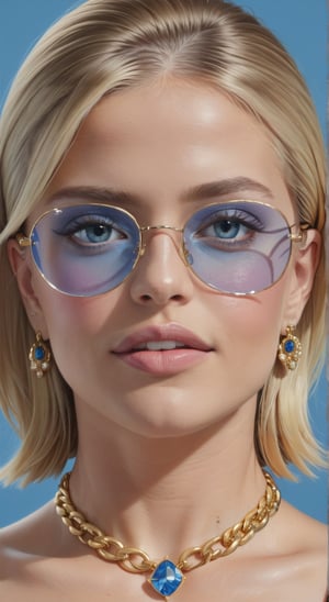 1girl,solo,breasts,looking at viewer,blue eyes,blonde hair,large breasts,simple background,cleavage,jewelry,upper body,earrings,parted lips,glasses,teeth,choker,lips,eyelashes,blue background,sunglasses,portrait,high collar,realistic,nose
