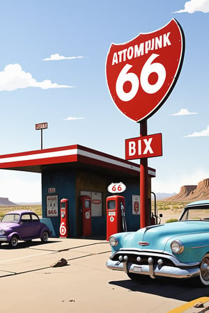 painting of a large abandoned roadside gas station with a route 66 highway shield, with a rocket sign and scifi cars in the parking lot
(AtompunkSDXL:1.5)