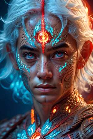 close-up of a figure with dual personalities, one side with dark hair and a red eye, the other with white hair and a blue eye, split down the middle by a glowing, red energy line.

cinematic lighting, extremely intricate detail character, accurate depiction of character, correct body anatomy, correct hands and fingers, extremely intricate skin and facial skin texture detail, lifelike potrayal, extremely realistic lighting, extreme dynamic pose. Extremely sharp detail without blurring.