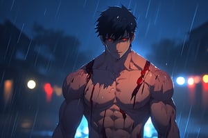 brush art, solo,looking at viewer,short hair,shirt,black hair,red eyes,1boy,navel,nipples,upper body,male focus,outdoors,open clothes,blurry,wet,torn clothes,blood,muscular,night,blurry background,abs,pectorals,muscular male,bara,large pectorals,rain,manly,bare pectorals,torn shirt