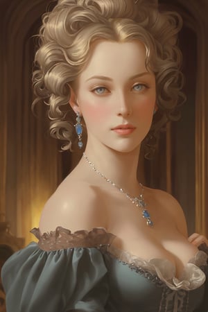A Botticelli inspired painting, capturing the elegant figure of a mature super vixen, voluminous coiffure inflating the grandeur of the Victorian era, her grey eyes glowing sapphire under the dim light, dressed in a fitted Victorian dress that traces and celebrates her svelte silhouette, dainty earrings mirroring, Italian ballroom backdrop