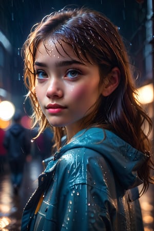 A Beautiful Young Girl Looking Over her Shoulder in a Rainy Night