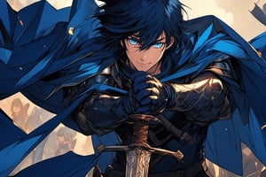 brush art, solo,long hair,looking at viewer,smile,blue eyes,black hair,gloves,1boy,holding,blue hair,upper body,weapon,male focus,sword,cape,holding weapon,armor,hair over one eye,holding sword