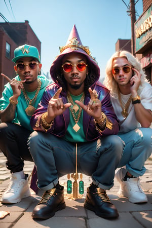 A semi-realistic image of 4 white wizards posing like they’re on a rap album cover. Two are standing, wearing unique wizard hats, while the other two are squatting with different styles of hoods covering their faces. Each wizard wears different flashy outfits with over-the-top bling—huge gold chains, rings, and sunglasses. Making gang signs. Two of the wizards are casting luminous spells. One wizard holds a glowing staff, another flashes stacks of hundred-dollar bills. The background is a gritty, urban setting, perfect for a rap album cover. 'Shadow Wizard Money Gang' is spelled out in bold, glowing letters at the top, with 'We love casting spells' at the bottom. An 'Explicit Content' logo is in the corner