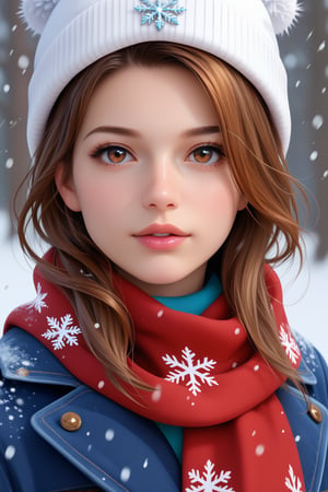 female, solo, snow, human, feral, hat, clothing, hair, scarf, snowflake, looking_at_viewer, mammal, brown_hair, brown_eyes, hi_res, headgear, snowing, headwear, 3d_(artwork), human_focus, not_furry_focus, 1girl, brown hair, brown eyes, realistic, red scarf, looking at viewer, portrait, parted lips, snowflakes, long hair, lips