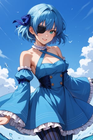 score_9, score_7_up, source_anime, BREAK    AEOfelia, aqua eyes, blue eyes, blue hair, short hair, prosthetic arm, single mechanical arm, eyepatch,,  Hair ribbon, frilled choker, criss-cross halter, sleeveless dress, high-waist skirt, backless dress, blue dress, waist blue bow, detached sleeves, frilled sleeves, wide sleeves, blue sleeves, black pantyhose, patterned legwear, pinstripe pantyhose, mary janes, light smile,