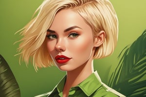 brush art, 1girl,solo,looking at viewer,short hair,blonde hair,shirt,closed mouth,collared shirt,blurry,lips,eyelashes,makeup,plant,portrait,paper,nose,green shirt,red lips