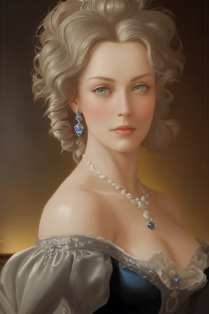 A Botticelli inspired painting, capturing the elegant figure of a mature super vixen, voluminous coiffure inflating the grandeur of the Victorian era, her grey eyes glowing sapphire under the dim light, dressed in a fitted Victorian dress that traces and celebrates her svelte silhouette, dainty earrings mirroring, Italian ballroom backdrop