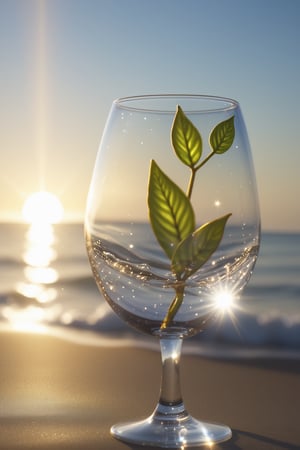 glass art , a small plant  in side a glass wine, shine bright like a diamond, find light in the beautiful sea
depth of field, very detailed  texture, lens flare, sun glare,