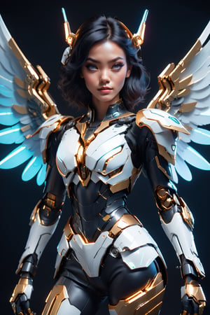 (1girl:1.2),wings,(solo:1.2),color patches,left and right different colors,contrast,with a futuristic wing, mechanical wings,wings, science fiction, eyeshadow, single mechanical arm, gloves, mecha musume, cowboy shot, left black right white, black,gold, silk stockings, hkstyle, style of epic cinematic, amazing quality