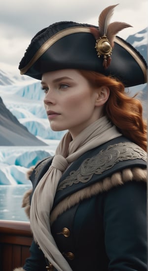 A young redheaded fashionable pirate captain stands at the bow of her ship looking at an glaciers, dressed in stylish Victorian fur coat and hat, scarf blowing in the breeze, photo-realistic, film still, cinematic, 8k