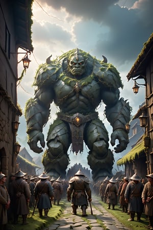 An enormous stone golem, towering over a small village. The golem is ancient, with moss and vines growing all over its cracked surface, and it appears to be slowly awakening. Villagers gather in awe and fear, holding torches and farming tools as they watch the colossus move. The scene is both majestic and terrifying, with dark clouds gathering in the sky. illustration, fantasy, epic scale, dark atmosphere, detailed, dramatic lighting