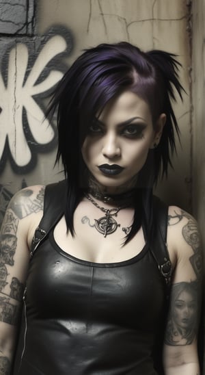 Portrait of a female rocker, expressive eyes, tattoos, attitude, sultry, pictorialism, dystopian, grim dark, goth, chiaroscuro, contrast, surrealism, gritty background, , grunge, graffiti