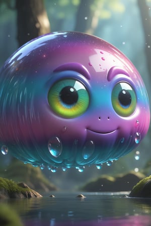 digital art of gradient-colored see-through slime creature , the slime has big anime like eyes without mouth, isekai world, depth of field, nature, sparkling eyes, sparkling aura,   vibrant colors blending seamlessly, high-definition textures, intricate details, perfect lighting, 8k resolution, floating in mid-air, glossy surface, highly detailed, vivid reflections, dynamic composition