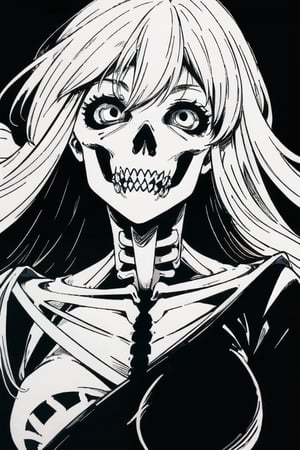 best quality, masterpiece, (solo), white skin,perfect eyes,medium_breasts, Look at the viewer,diffusion, extremely detailed, 16k wallpaper,skeleton,long hair,sharp teeth,power_csm,manga panel,manga,black/white,monochrome,horror (theme)