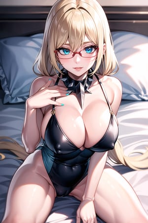 two thick braided hairstyle, two poofy pigtails, 8k, very long hair, blonde hair, aqua blue eyes, flirting eyes, (masterpiece, best quality, perfect hands), realistic lighting, realistic clothes, gorgeous face, solo girl, sharp focus, metal spikes, indoors atmosphere, bedroom, lying on bed, dark room, hourglass body, detailed, irresistible, sexy face, skintight outfit, white outfit, nurse outfit, soaked, large breasts, red lips, poof lips, two legs, close-up, fetish, NSFW, hentai, villain, eyelashes, dark eyebrows, thin eyebrows, perfect makeup, hands on breasts, five fingers, red cross, spikes neck collar, clear lens glasses, sharp frame glasses, late 20s,