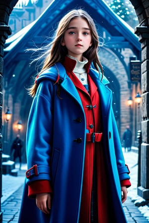 Masterpiece, Top Quality,  cinematic composition, sharp, details, hyper - detailed, hd, hdr, 4 k, 8k,  Fantasy, detail XL,High, ((full shot 1:4)).
a 13 years old girl in a blue opened coat