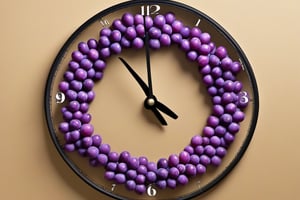 a mechanic clock with one single grape grain in each number of each hour
