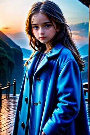 Masterpiece, Top Quality,  cinematic composition, sharp, details, hyper - detailed, hd, hdr, 4 k, 8k,  Fantasy, detail XL,High, ((full shot 1:4)).
a 13 years old girl in a blue opened coat