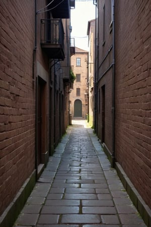 Masterpiece, Top Quality,  cinematic composition, sharp, details, hyper - detailed, hd, hdr, 4 k, 8k, detail XL,High, ((full shot 1:4)).
Generate an image of an alleyway.