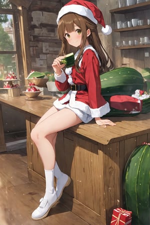 high quality,  anime visual break 1girl,  14yo,  pretty,  brown hair,  long hair,  brown eyes,  laughing so hard,  (have a zucchini),  ((white beret):1.1),  ((battle Santa zucchini uniform)),  (gym uniform),  red ribbon,  ((green spats)),  (red sneeker),  full body, (garden party):1.2,((enjoyed party)), ((many dishes on the desk)), (holding a glass of juice),((butler in santa costume)),Realism,z1l4,Portrait