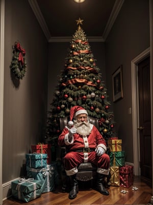 Recessed in a gloomy room, Santa Claus, surrounded by his elves, holds his gifts in bags, on the throne of the mafia. Gifts stolen from rich houses lie on the floor, and pictures of scenes of immoral revelry hang on the walls. The Christmas tree represents audacity - decorated with bones, skulls and dark lights, an atmosphere of mystery.