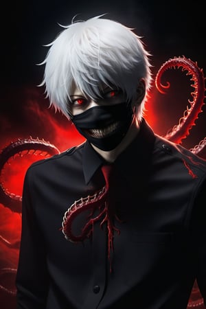 (1boy) portrait, best quality, ultra high res, ultra detailed, black and red, high contrast color tone, extremely detailed lighting, cinematic lighting, soft lights, (masterpiece, high quality:1.4), (kaneki ken, black hair, white hair, red and black eye, mask | teeth, blood eyes, black clothes, scorpio tentacles), , , blood, , black background, thrilling, (fierce face),kaneki ken