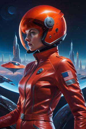 1 girl, fiery red jacket, tight suit,Space helm of the 1960s,and the anime series G Force of the 1980s,Ghost In The Shell style, Darf Punk wlop glossy skin, ultrarealistic sweet girl, space helm 60s, holographic, holographic texture, the style of wlop, space, stands on a pedestal,( with spaceships in the background)