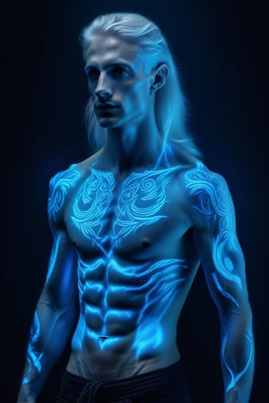 (extreamly delicate and beautiful:1.2), 8K, (tmasterpiece, best:1.2), (MALE:1.5) masterpiece, best quality, (detailed:1.3) halfnaked body with pale skin and (long_white_hair:1.4). All of his pale skin there are (blue_glowing_tattoes:1.5), on face, on body. (MAGICAL_BIOLUMINESCENT_TATTOOES:1.5) Naked upper body, paleblue colour dominating, cloudy night, sharp focus, highly detailed, Magical Fantasy style,GlowingRunesAI_blue,,bioluminescent fbpz body paint,Eren_jaeger_face,4rmorbre4k,GlowingRunesAI_blue