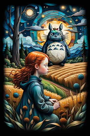 fine art, oil painting, two parts in one art, double exposure, best quality, dark tales, close up cute detailed ginger-haired girl and big fluffy Totoro in the rye field under Van Gogh starry sky, forest, detailed face, Craola, Dan Mumford, Andy Kehoe, 2d, flat, cute, adorable, vintage, art on a cracked paper, patchwork, stained glass, fairytale, storybook detailed illustration, cinematic, ultra highly detailed, tiny details, beautiful details, mystical, luminism, vibrant colors, complex background