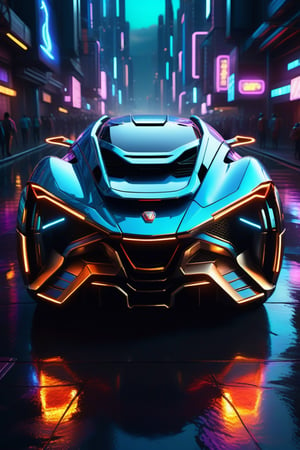 Generate a detailed image of a luxurious vehicle in a futuristic city surrounded by neon lights.,Masterpiece