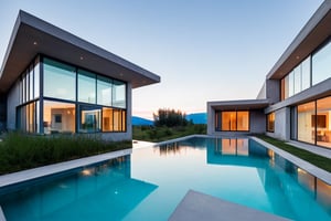 amorphous sMinimalist, modern, straight geometric house, exposed concrete, full glass, pool with reflections in water, location on a mountain slope, view of the landscape, setting at sunset.helter covered in small parts in wood color, realistic people walking, urban plaza environment,dvarchmodern