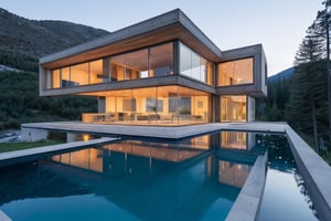 amorphous sMinimalist, modern, straight geometric house, exposed concrete, full glass, pool with reflections in water, location on a mountain slope, view of the landscape, setting at sunset.helter covered in small parts in wood color, realistic people walking, urban plaza environment,dvarchmodern