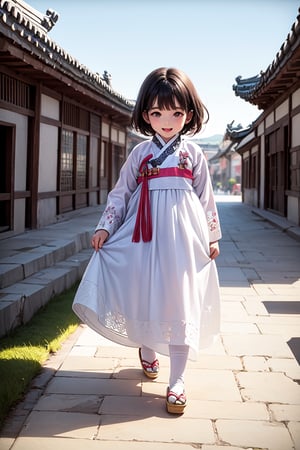 best quality, masterpiece, beautiful and aesthetic, vibrant color, Exquisite details and textures,  Warm tone, ultra realistic illustration,	(cute European girl, 6year old:1.5),	(ancient korea theme:1.4),	cute eyes, big eyes,	(a beautiful smile:1.1),	16K, (HDR:1.4), high contrast, bokeh:1.2, lens flare,	siena natural ratio, children's body, anime style, 	head to toe,	long Straight black hair with blunt bangs,	a white and pink hanbok, ultra hd, realistic, vivid colors, highly detailed, UHD drawing, perfect composition, beautiful detailed intricate insanely detailed octane render trending on artstation, 8k artistic photography, photorealistic concept art, soft natural volumetric cinematic perfect light. ,hanbok