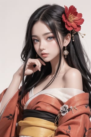 4k,best quality,masterpiece,1girl,(kimono), cross earrings, Head flower,cowboyshot,off shoulder,

(Beautiful and detailed eyes),
Detailed face, detailed eyes, double eyelids ,thin face, real hands,
((long hair:1.2)),black hair, white background,


real person, color splash style photo,
