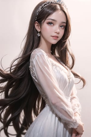 4k,best quality,masterpiece,1girl,(long dress),upper body, smile, cowboy shot,full body,

(Beautiful and detailed eyes),
Detailed face, detailed eyes, double eyelids ,thin face, real hands,
((princess head:1.2)),brown-hair, white background,


, real person, color splash style photo,
