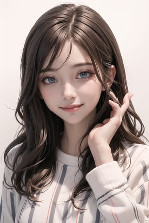 4k,best quality,masterpiece,1girl,(striped_sweater),upper body, smile, 

(Beautiful and detailed eyes),
Detailed face, detailed eyes, double eyelids ,thin face, real hands,
((wave hair:1.2)),brown-hair, white background,


, real person, color splash style photo,
